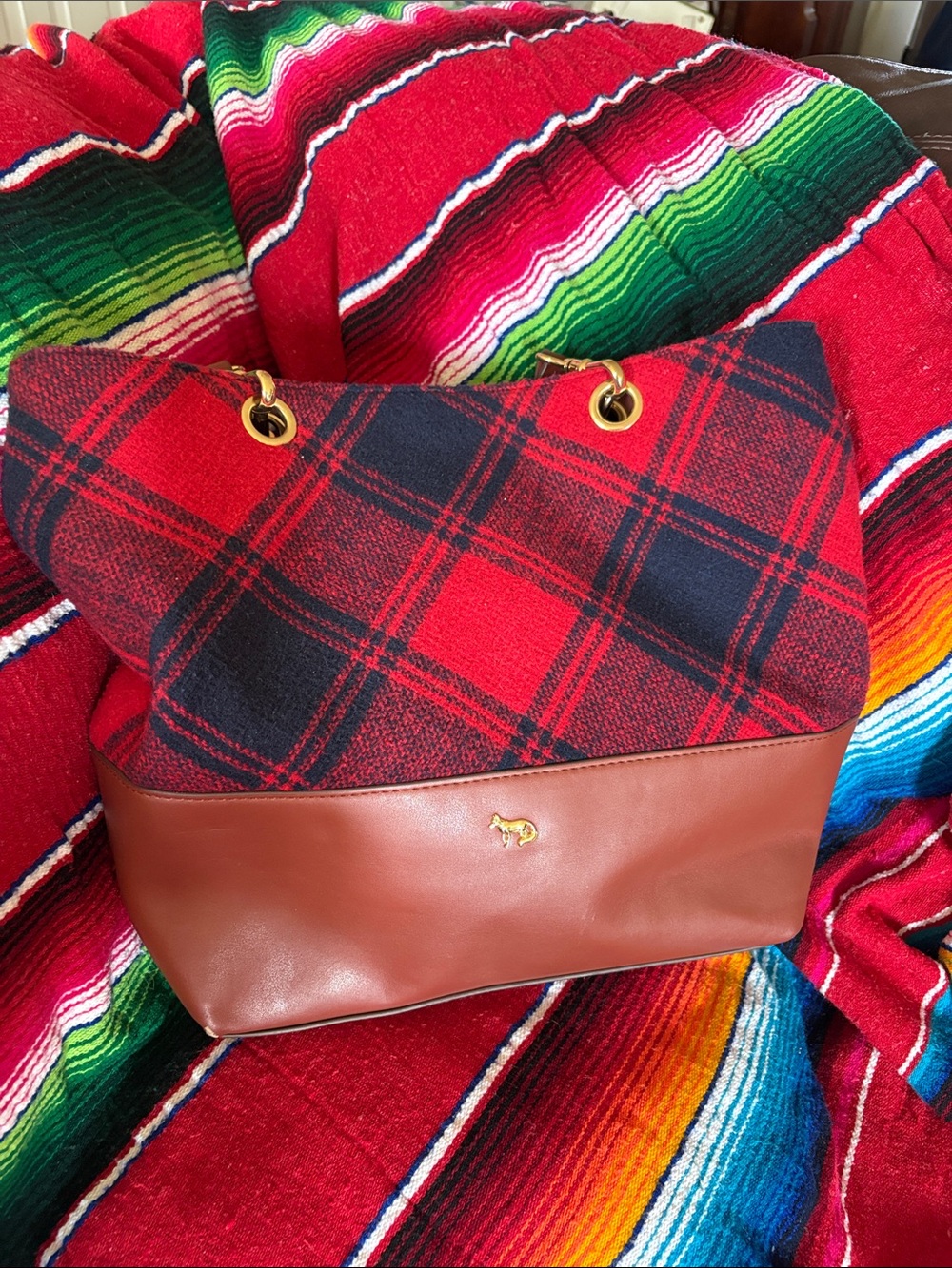 Emma Fox Red & Black Plaid Shoulder Tote with Brown Base